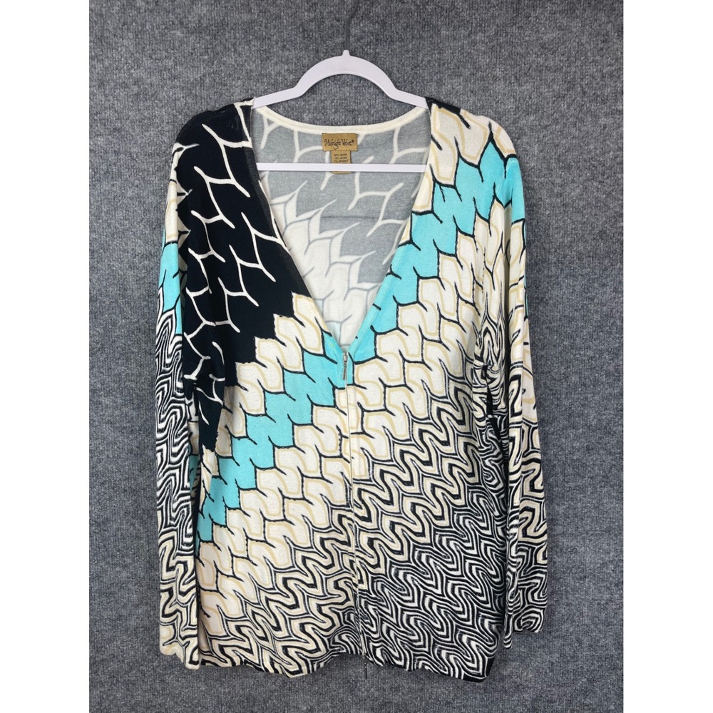 Midnight Velvet Cardigan Women XL Blue Black White Good Beaded Zip Abstract
